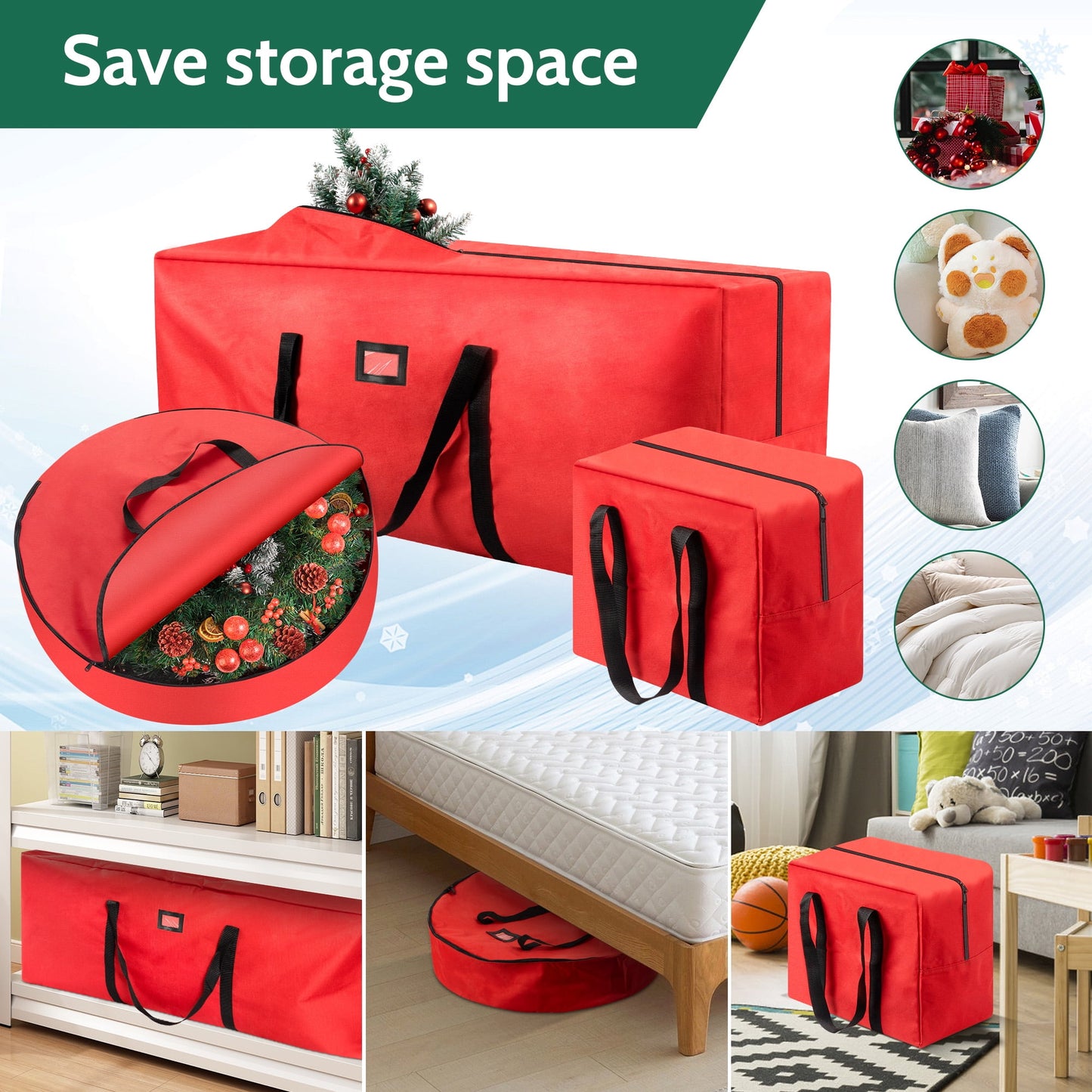 3 Pack Large Christmas Tree Storage Bag,Fits up to 7.5 ft Artificial Trees,Christmas Wreath Garland Storage Bag,Christmas Ornament Storage Box,Reinforced Handles & Zipper,Red