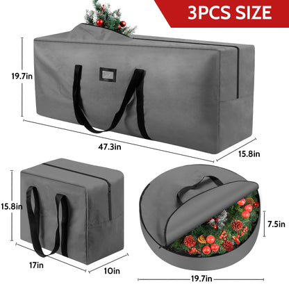 3 Pack Large Christmas Tree Storage Bag,Fits UP to 7.5 ft Artificial Trees,Christmas Wreath Garland Storage Bag,Christmas Ornament Storage Box,Reinforced Handles & Zipper,Gray