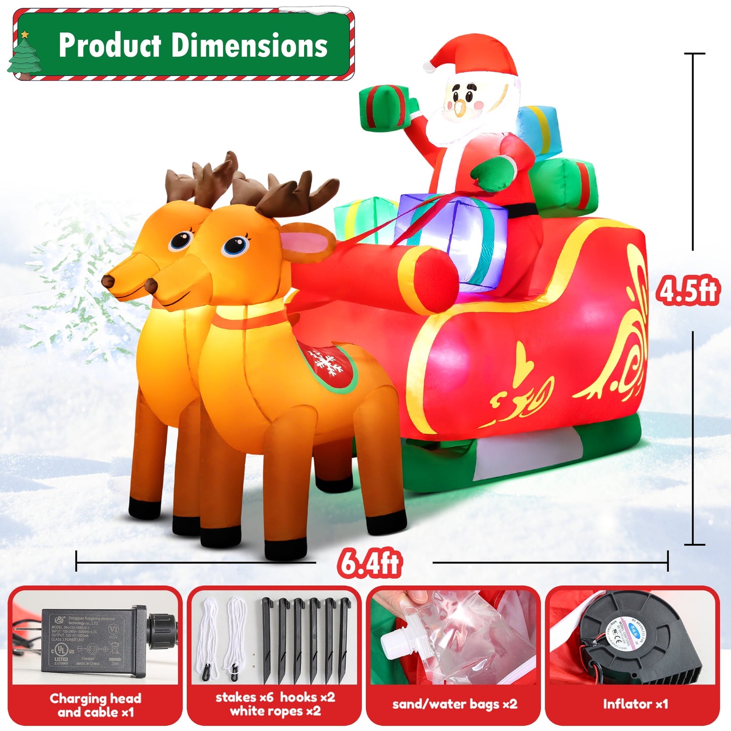 6.3FT Long Christmas Inflatable Santa Claus on Sleigh with Reindeer and Gift Boxes LED Lighted Blow up Outdoor Yard Decoration for Holiday/Christmas/Party/Yard/Garden