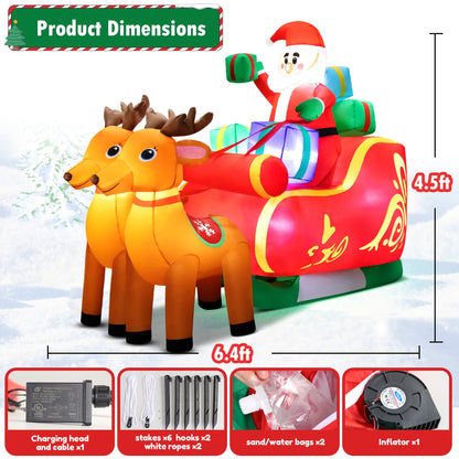 6.3FT Long Christmas Inflatable Santa Claus on Sleigh with Reindeer and Gift Boxes LED Lighted Blow up Outdoor Yard Decoration for Holiday/Christmas/Party/Yard/Garden