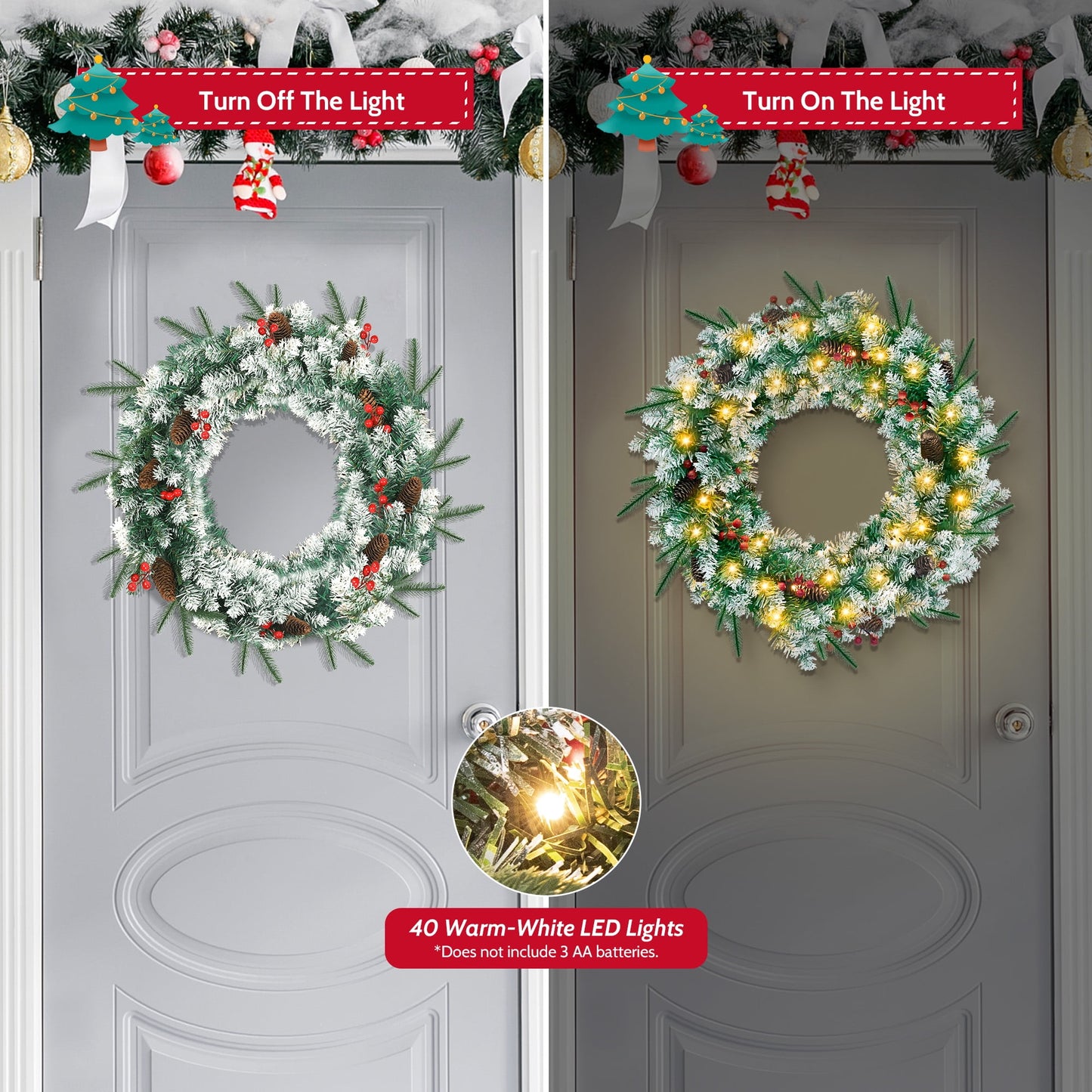 Christmas Wreath, 24" Christmas Wreath for Front Door,Outdoor Christmas Wreath,Battery Powered Christmas Decorations with Lights & Ornament