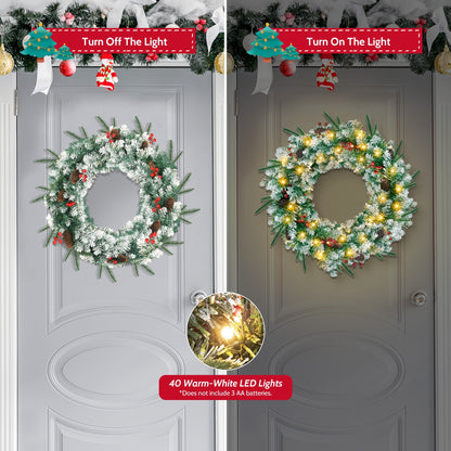 Christmas Wreath, 24" Christmas Wreath for Front Door,Outdoor Christmas Wreath,Battery Powered Christmas Decorations with Lights & Ornament