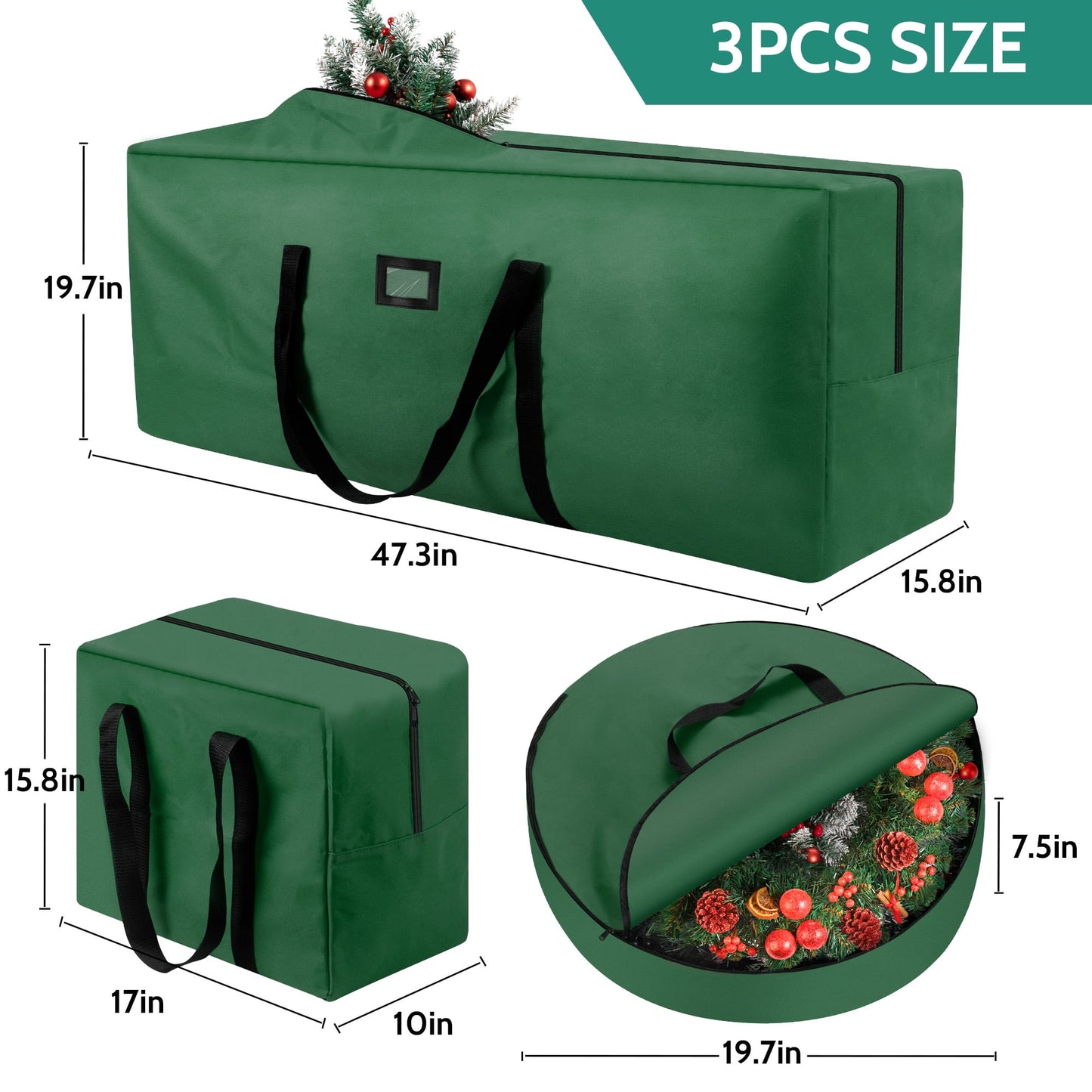 3 Pack Large Christmas Tree Storage Bag,Fits UP to 7.5 ft Artificial Trees,Christmas Wreath Garland Storage Bag,Christmas Ornament Storage Box,Reinforced Handles & Zipper,Green