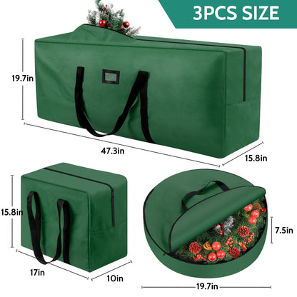 3 Pack Large Christmas Tree Storage Bag,Fits UP to 7.5 ft Artificial Trees,Christmas Wreath Garland Storage Bag,Christmas Ornament Storage Box,Reinforced Handles & Zipper,Green