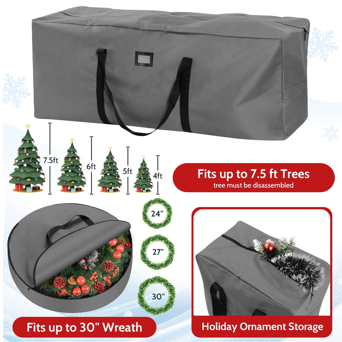 3 Pack Large Christmas Tree Storage Bag,Fits UP to 7.5 ft Artificial Trees,Christmas Wreath Garland Storage Bag,Christmas Ornament Storage Box,Reinforced Handles & Zipper,Gray
