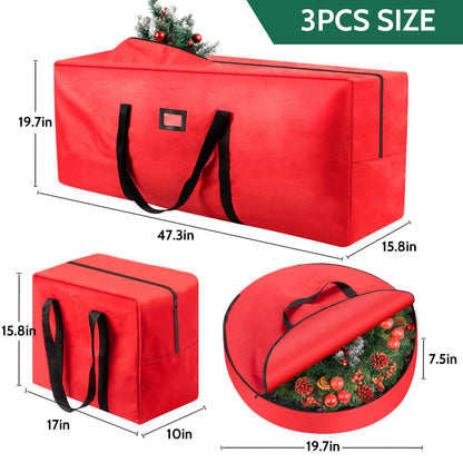 3 Pack Large Christmas Tree Storage Bag,Fits up to 7.5 ft Artificial Trees,Christmas Wreath Garland Storage Bag,Christmas Ornament Storage Box,Reinforced Handles & Zipper,Red