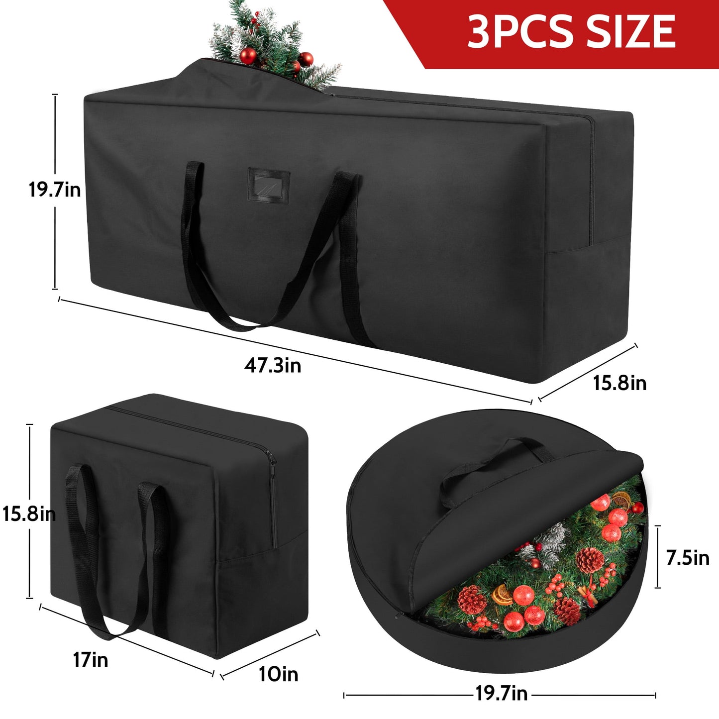 3 Pack Large Christmas Tree Storage Bag,Fits UP to 7.5 ft Artificial Trees,Christmas Wreath Garland Storage Bag,Christmas Ornament Storage Box,Reinforced Handles & Zipper,Black