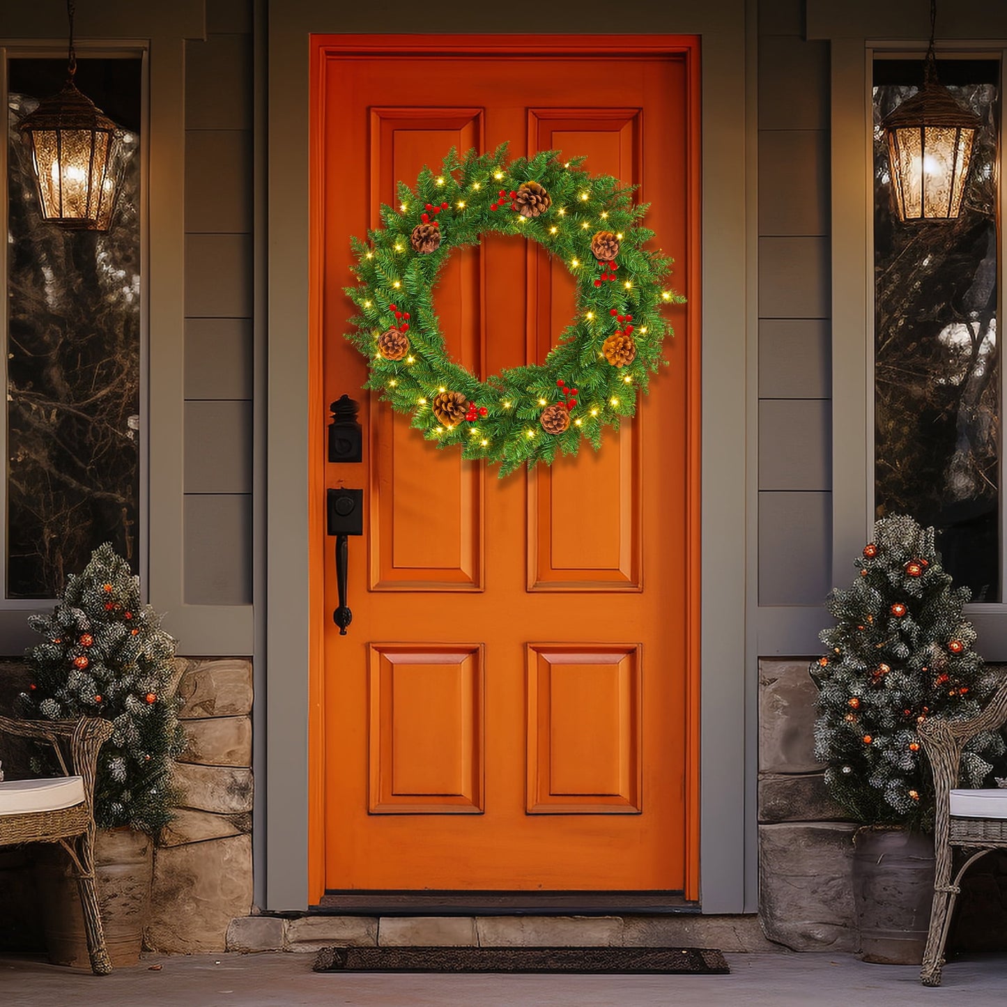 Christmas Wreath, 24" Christmas Wreath for Front Door,Outdoor Christmas Wreath,Battery Powered Christmas Decorations with Lights & Ornament