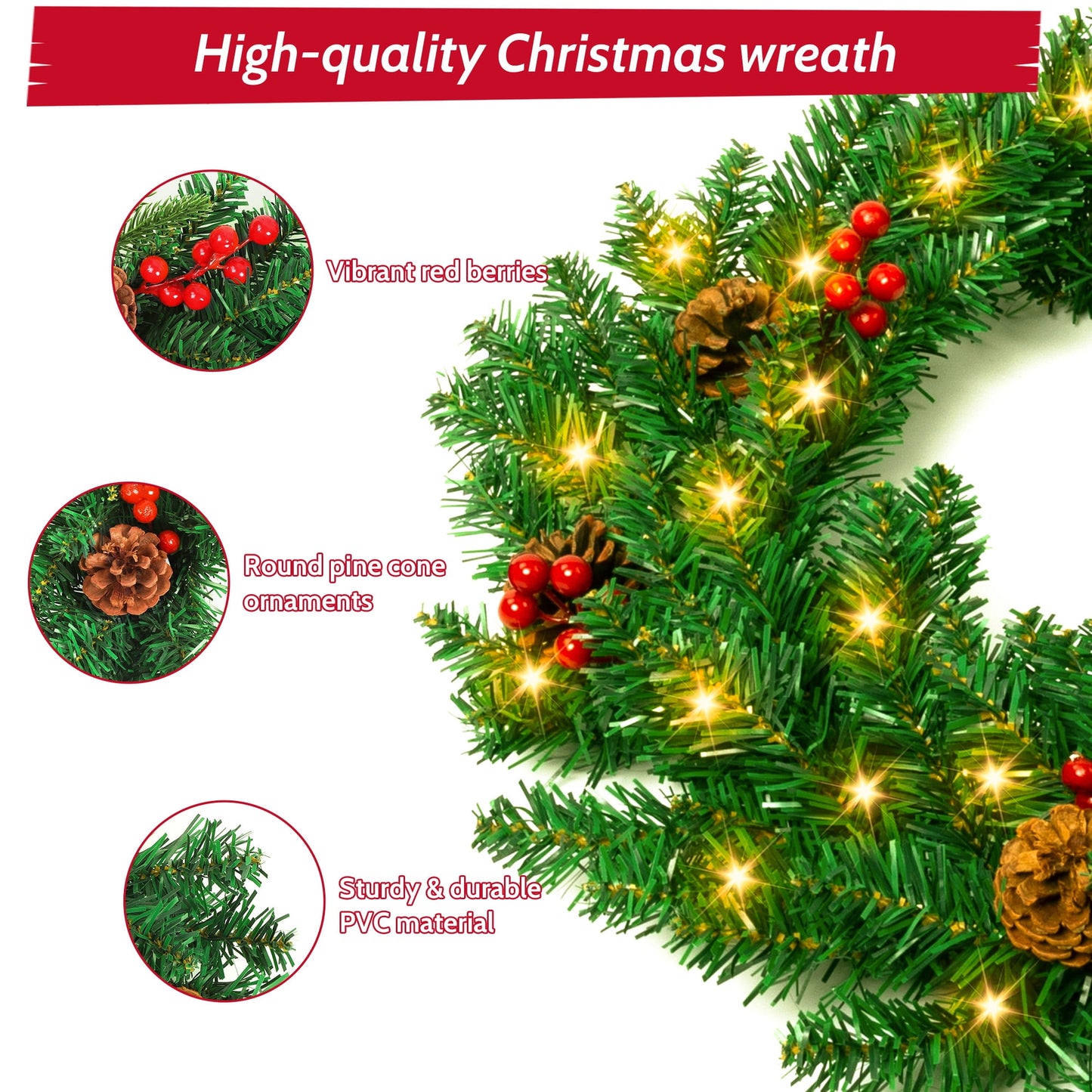 Christmas Wreath, 24" Christmas Wreath for Front Door,Outdoor Christmas Wreath,Battery Powered Christmas Decorations with Lights & Ornament