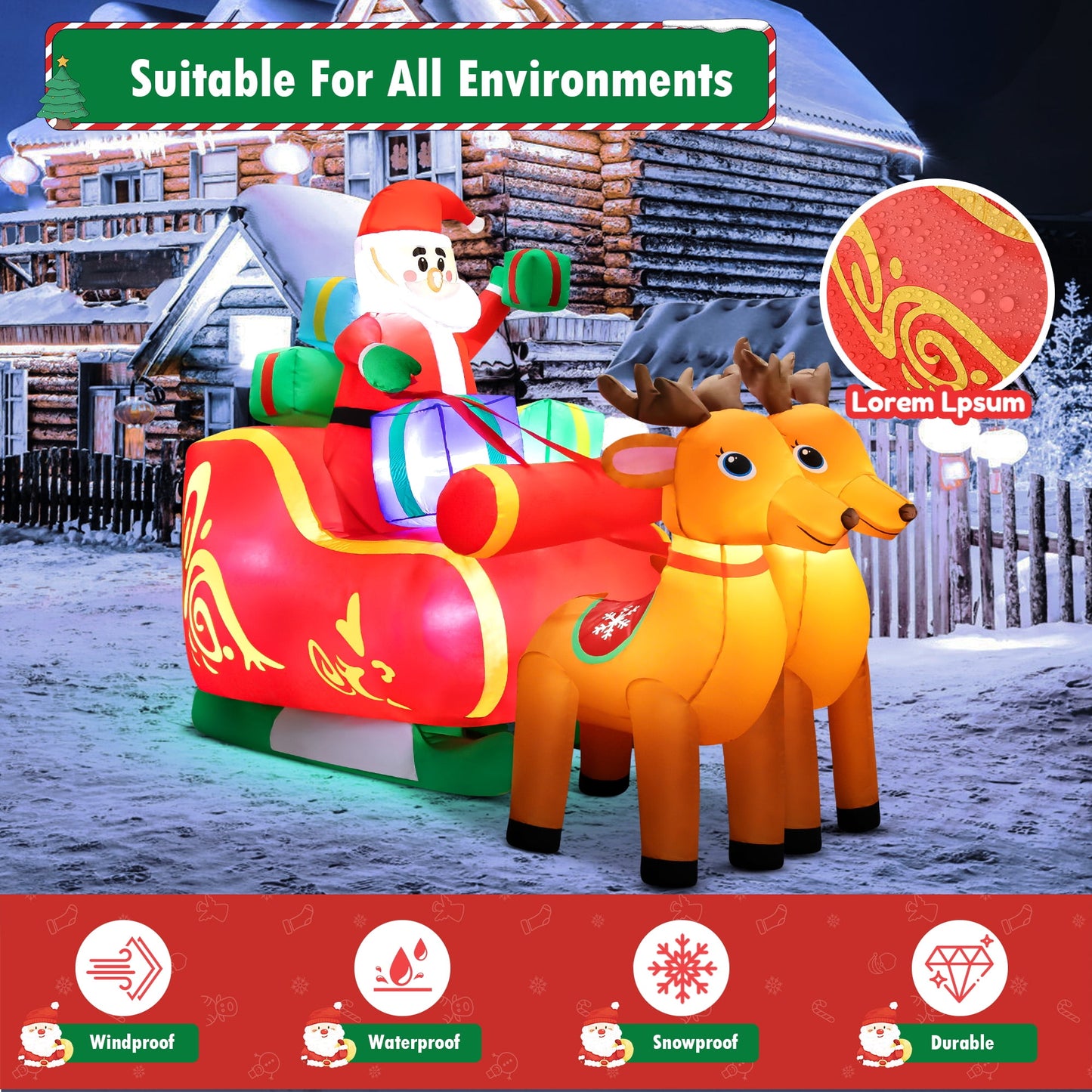 6.3FT Long Christmas Inflatable Santa Claus on Sleigh with Reindeer and Gift Boxes LED Lighted Blow up Outdoor Yard Decoration for Holiday/Christmas/Party/Yard/Garden