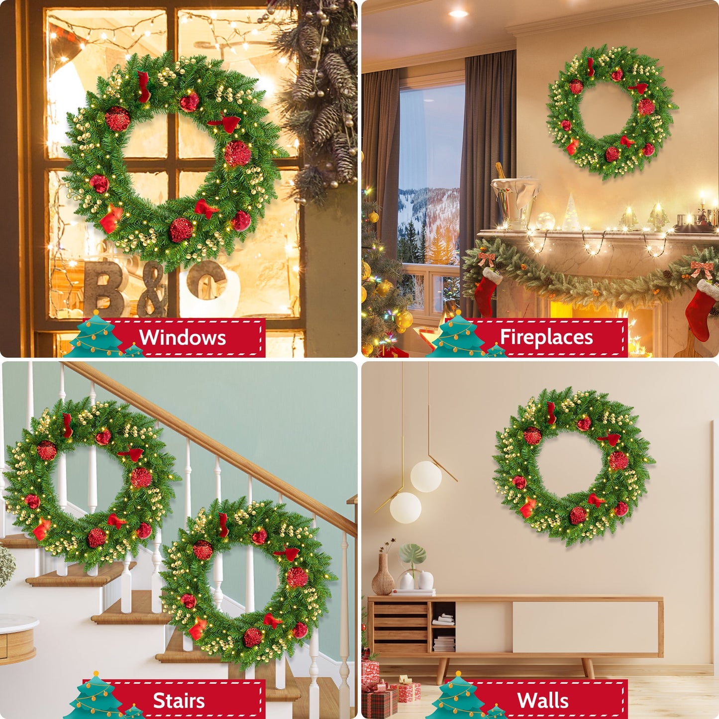 Christmas Wreath, 24" Christmas Wreath for Front Door,Outdoor Christmas Wreath,Battery Powered Christmas Decorations with Lights & Ornament