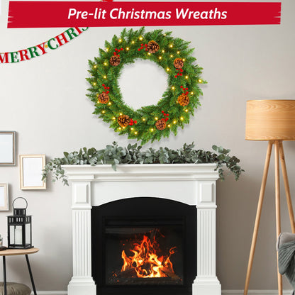 Christmas Wreath, 24" Christmas Wreath for Front Door,Outdoor Christmas Wreath,Battery Powered Christmas Decorations with Lights & Ornament