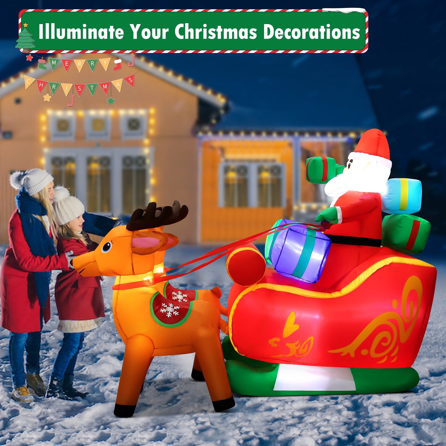 6.3FT Long Christmas Inflatable Santa Claus on Sleigh with Reindeer and Gift Boxes LED Lighted Blow up Outdoor Yard Decoration for Holiday/Christmas/Party/Yard/Garden